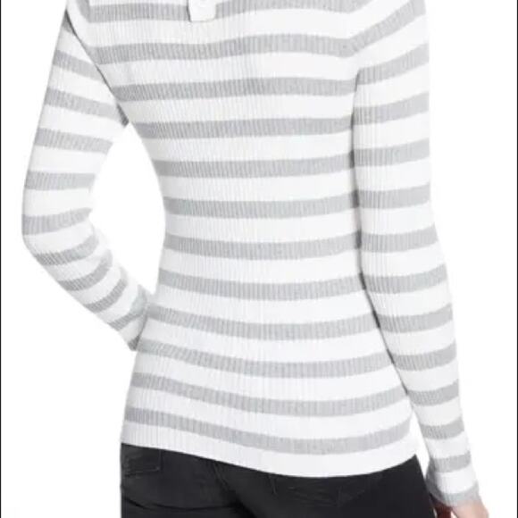 1901 White Grey Stripped Ribbed Long Sleeve Top Button Back Medium NEW - Picture 2 of 6